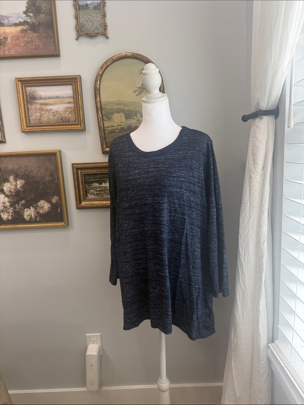 Joan Vass Navy Space-Dye Scoop Neck Long-Sleeve Top